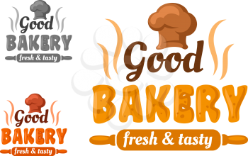 Bakery cartoon emblem with wooden rolling pin and chef hat in yellow, orange and gray colors design