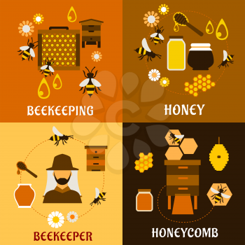 Honey and beekeeping industry design with beekeeper, apiculture icons such as flying bees, beehives and frames, honeycombs, honey jars with dippers and flowers