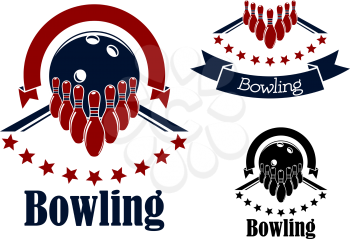 Bowling badges or emblems in blue and red colors with bowling lanes, ninepins and balls adorned with stars semicircles and ribbon banners