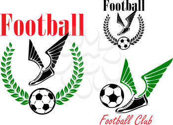 Football or soccer emblems with winged boots, balls and laurel wreath