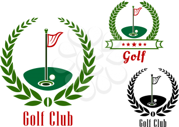 Golf club badg with ball near to hole on green field  and flagsticks encircled by laurel wreaths and ribbon banner