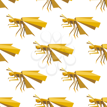 Seamless origami yellow dragonfly pattern with folded paper model of insects on white background for background design