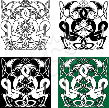Medieval dragons with entwined tails and wings in traditional celtic knot ornaments for tattoo or heraldry design