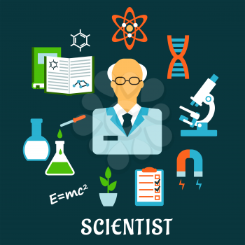 Scientist profession flat concept with mature man in eye glasses and laboratory coat surrounded by books, microscope, models of dna, atom and molecule, magnet, flask and tube, formula, plant and clipb