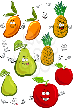Juicy fresh apple, mango, pineapple and pear fruits cartoon characters with sappy green leaves, isolated on white, for agriculture or healthy food design