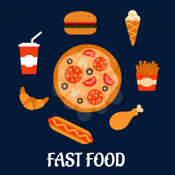Fast food icons in flat style with pepperoni pizza, burger, soda, french fries, ice cream cone, hot dog, croissant and chicken leg
