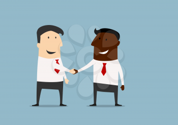 Black and caucasian businessmen shaking hands and congratulating each other with successful dea. Cartoon flat design