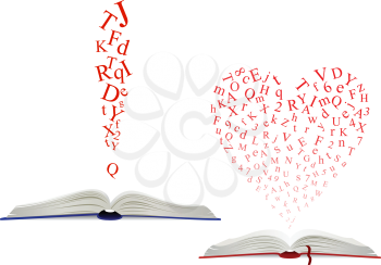 Letter cloud of jumbled alphabet red letters above an open book in two designs, one with a heart shape