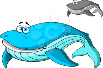 Large blue cartoon whale character with a happy smile with a second grey variant, isolated on white