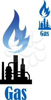 Industrial icon with a burning flame of natural gas above a refinery plant with pipes with the text Gas below