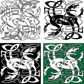 Stylized tribal dragons with twined bodies decorated with traditional celtic interlace pattern for totem animal or tattoo design