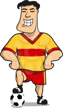 Professional soccer or football player cartoon character in yellow and red sporting uniform standing with one leg on the ball and smiling, for sports mascot design