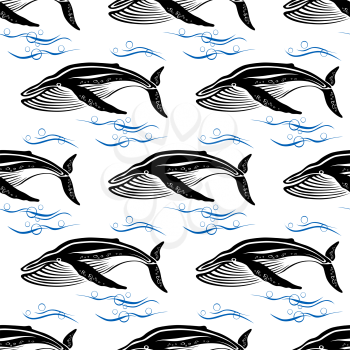Big cachalots swimming through blue ocean waves with bubbles seamless pattern on white background for wildlife or textile design