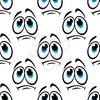 Offended cartoon faces seamless pattern with sad emotion expression with big blue eyes for comics background or textile design
