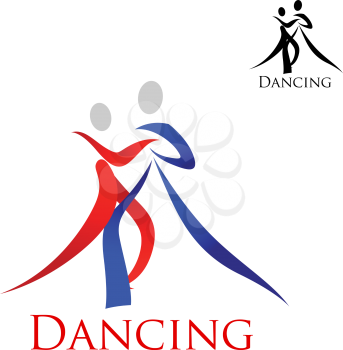 Dance sporting emblem with swirly blue and red silhouettes of dancing people with caption Dancing and small black variant