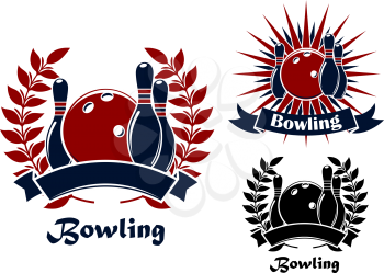 Bowling club or team emblems in retro style with balls and ninepins decorated by laurel branches, ribbon banners