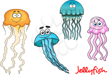 Funny cartoon blue, yellow and pink jellyfish characters with shiny umbrella shaped bells and wavy tentacles isolated on white background