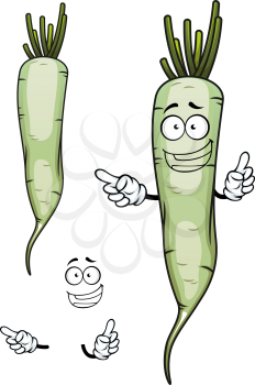 Happy daikon or white radish vegetable cartoon character with root and green sappy haulm, for agriculture design
