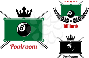 Pool, snnoker and billiards emblems with billiard eight balls, game tables and crossed cues decorated by crown, stars and laurel wreath