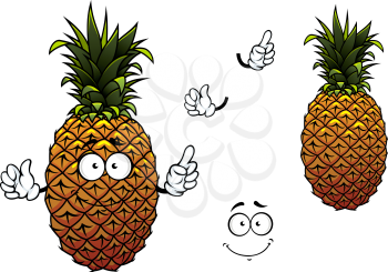 Ripe yellow pineapple fruit cartoon character with waxy leaves on the top and rough scaly peel isolated on white background