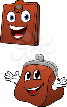Cartoon wallet and purse characters as retro fashioned and modern brown leather accessories with toothy smiles, for saving or shopping concept design