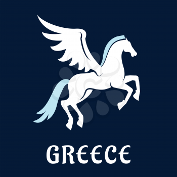 Pegasus symbol in flat style with ancient greek mythology winged white horse, pale blue mane and tail with caption Greece