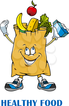 Paper shopping bag cartoon character with fresh vegetables, fruits, greenery and dairy products for healthy nutrition or eco shop design