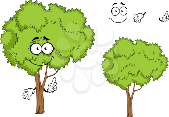 Cartoon green ree character with forked trunk and sappy green foliage, isolated on white, for ecology or landscape design