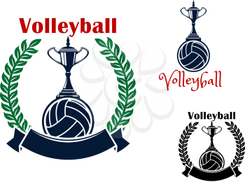 Volleyball championship symbols with trophy cups standing on balls, bordered  by laurel wreath and blank ribbon banner
