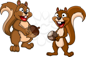 Funny cartoon brown squirrels holding nuts with bushy tails and large gnawing incisors isolated on white background