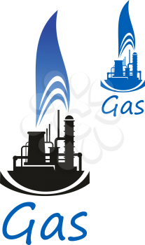 Gas and oil industry icon with chemical industrial plant or factory black silhouette with blue flame of natural gas, isolated on white background