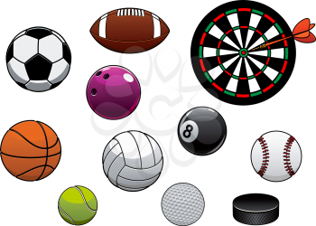 Equipments and sport items with dartboard, hockey puck and football or soccer, rugby, basketball, volleyball, tennis, golf, baseball, billiards and bowling balls