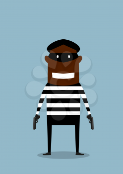 African american robber or thief cartoon character in black mask and striped prisoner cloth standing with gun in both hands, suitable for crime or criminal concept design