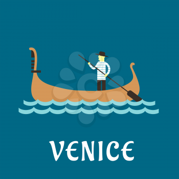 Venice travel concept with venetian gondolier in traditional costume, in a wooden gondola boat with paddle on a river