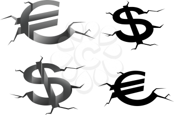 Dollar and euro money symbols in earth cracks isolated on white background, for financial crisis or falling rates concept