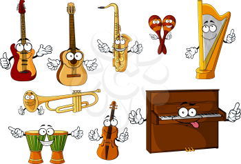 Cheerful cartoon classic musical instruments characters with african djembe drums, upright piano, harp, mexican maracas, trumpet, saxophone, violin, guitars isolated on white background