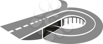 Highway abstract icon with overpass road turns to the sharply curved ramp merging onto intersecting road, for transportation design