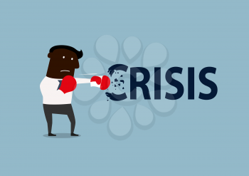 African american businessman breaks the crisis with red boxing gloves. Crisis management concept design, cartoon flat style