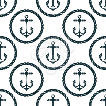 Retro nautical seamless pattern with anchors in circular rope frames on white background,  for marine background or textile design