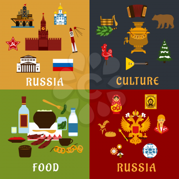 Travel landmarks, history, culture and national food of Russia flat icons with flag, Kremlin, temple, oil platform, double head eagle, matryoshka, balalaika, samovar, sauna, vodka, caviar and bagels