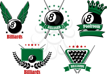 Billiards and pool emblems with black balls, wings and crown, crossed cues, table and triangle rack adorned by stars, wreath and ribbon banners