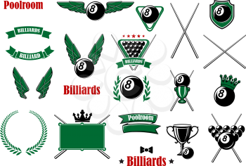 Billiards, pool and snooker game items with balls, cues, triangle, table, trophies, shield crowns, wings, wreath, ribbon banners and headers