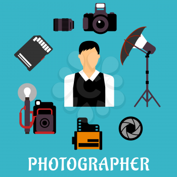 Photographer profession flat design with elegant man and memory card, camera film roll, lens, shutter, modern digital and retro cameras, lighting umbrella on tripod icons
