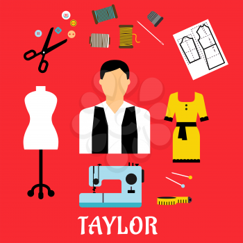 Tailor profession flat concept design with elegant man surrounded by sewing machine, mannequin, scissors, needle, threads , buttons, thimble, paper pattern, pins, measuring tape and yellow dress icons