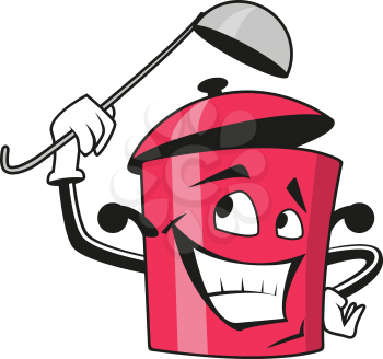 Funny saucepan cartoon character with open lid and ladle in the hand, for cooking concept design