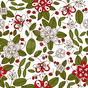Strawberry and plants seamless background pattern with red and white flourishes, sweet fruits and stylized leaves for retro textile design
