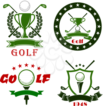 Golf club or competition symbols and icons with balls, clubs, tees, trophy cups, heraldic shield, laurel wreath, stars and ribbon banners