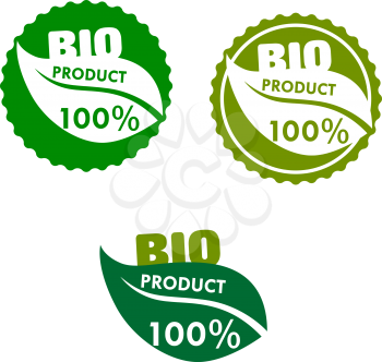 Bio product labels with green leaves in round seals, with wavy edges, for food or drink label design
