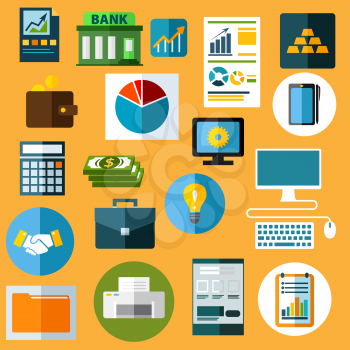 Business flat icons with dollar bills, handshake, idea light bulb, desktop computer, graphic tablet with pen, gold bars, bank, financial diagrams and bar graphs, wallet, calculator, briefcase, printer