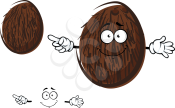 Cartoon tropical coconut fruit character with brown coir fibre and cheerful smile, for agriculture or food design